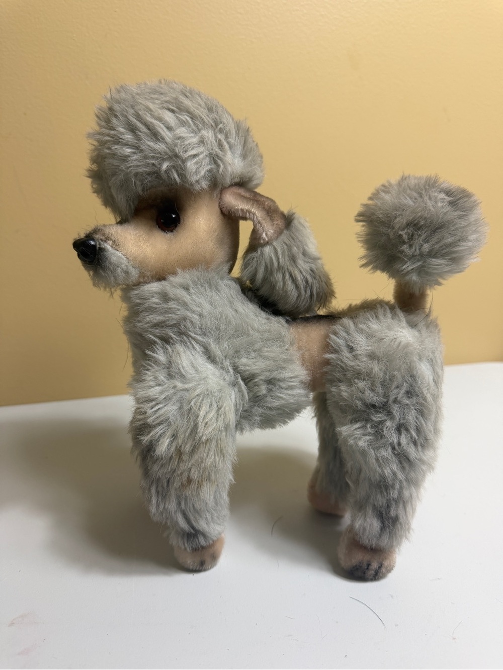 Vintage 1960s Kamar Japan Gray Poodle Plush Jointed Poseable Stuffed Dog 10"